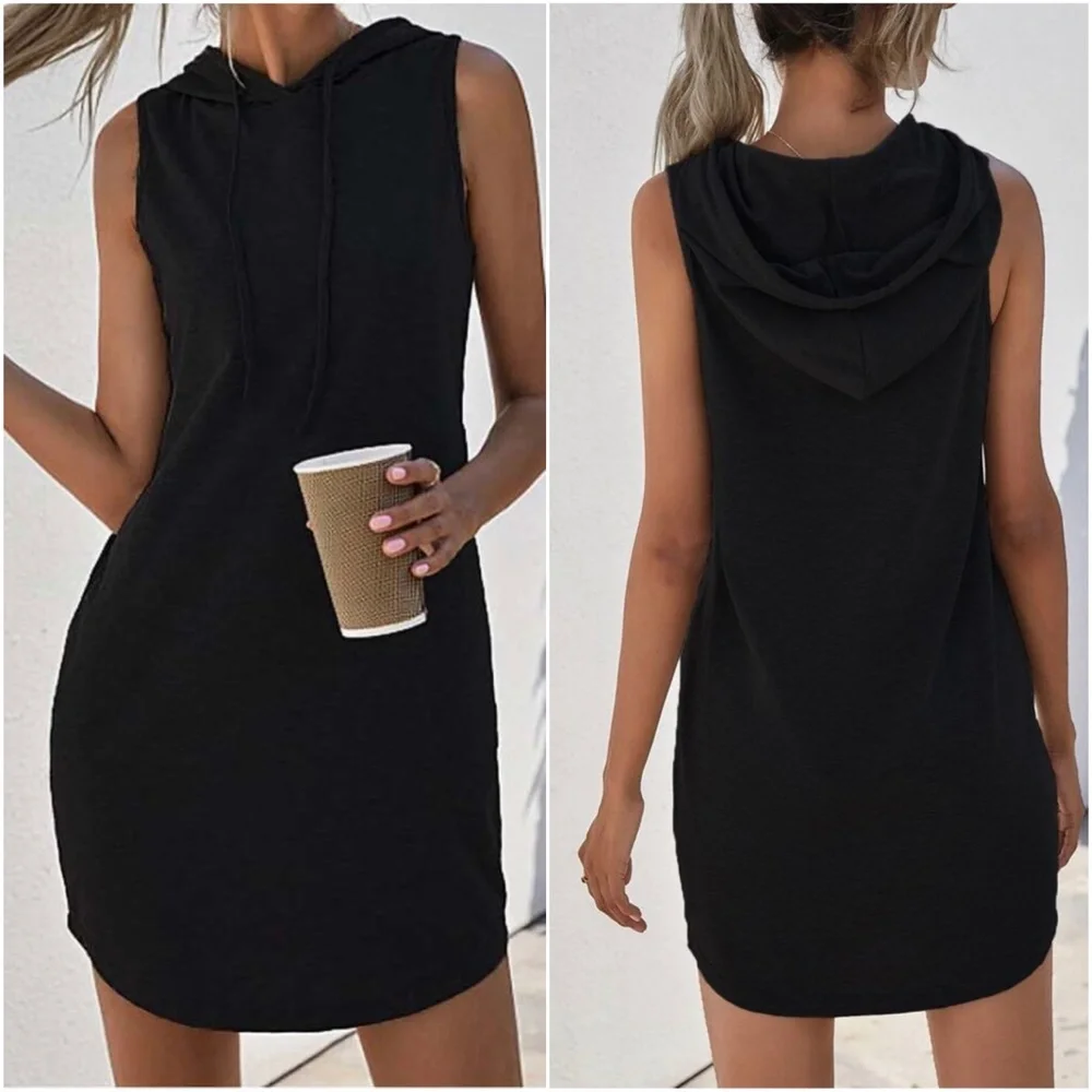 Cozy Grey Minimalist Sleeveless Hoodie Casual Dress - Picture 2 of 4